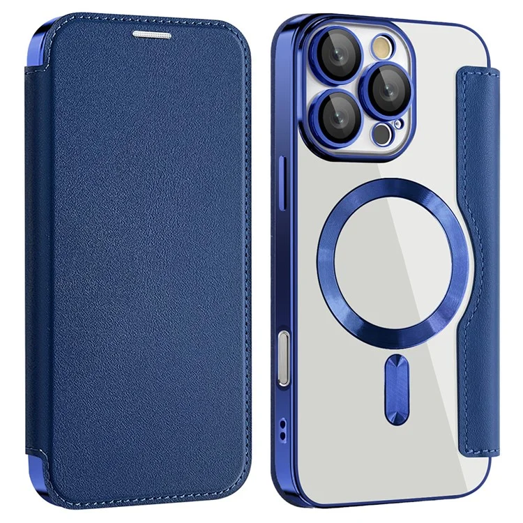 Husa MagFlip » iPhone 16 Pro, Magnet, RFID protect, Leather, Chrome Edge, Navy BLUE