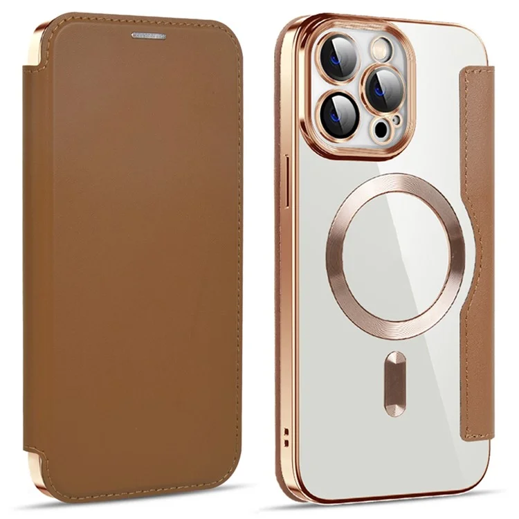 Husa MagFlip » iPhone 14 Pro, Magnet, RFID protect, Leather, Chrome Edge, Gold