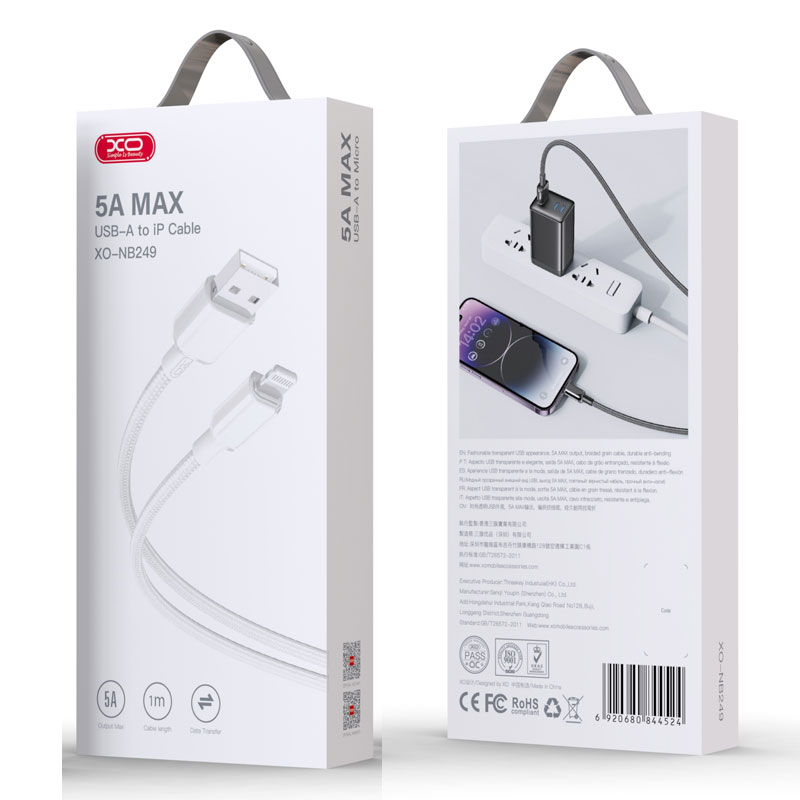 XO (NB249) – Cablu Date si Incarcare, USB-A la Lightning, 5A, Braided, 1m, White