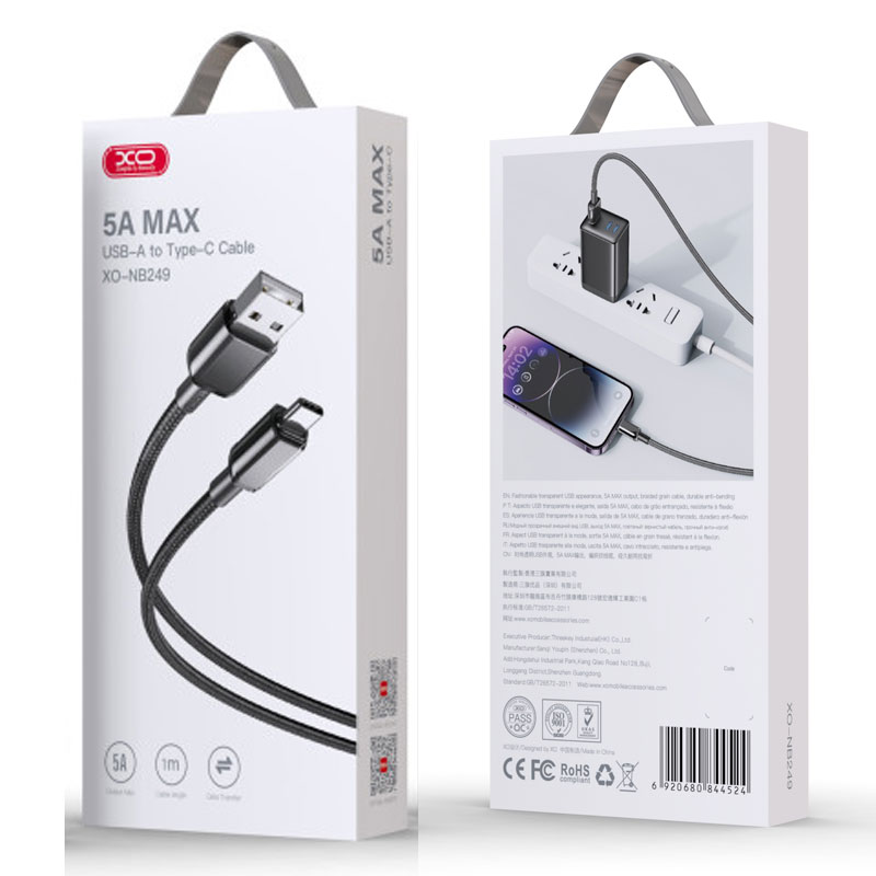 XO (NB249) – Cablu Date si Incarcare, USB-A la USB-C, 5A, Braided, 1m, Black