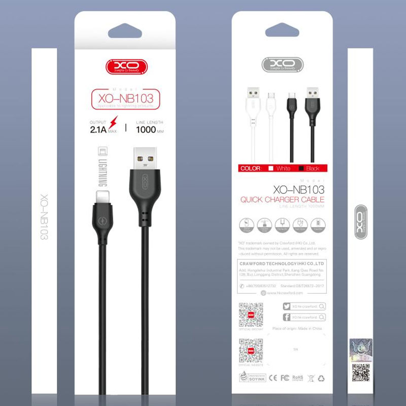 XO (NB103) – Cablu Date si Incarcare, USB-A la Lightning, 2.1A, Fast Charging, 2m, Black