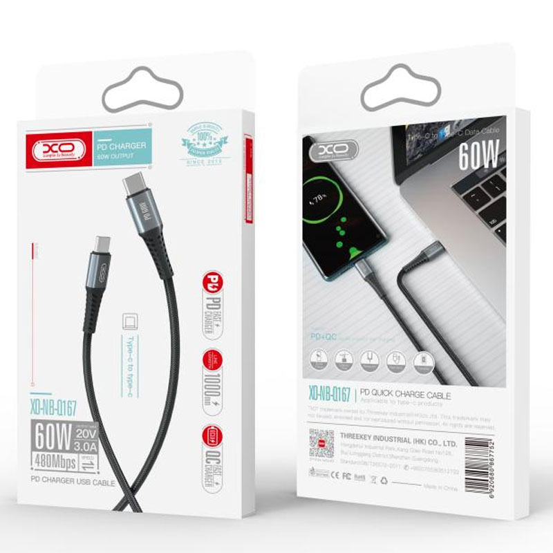 XO (NB-Q167) – Cablu Date si Incarcare, USB-C, PD60W, QC3.0, Metall Braided, 1m, Black