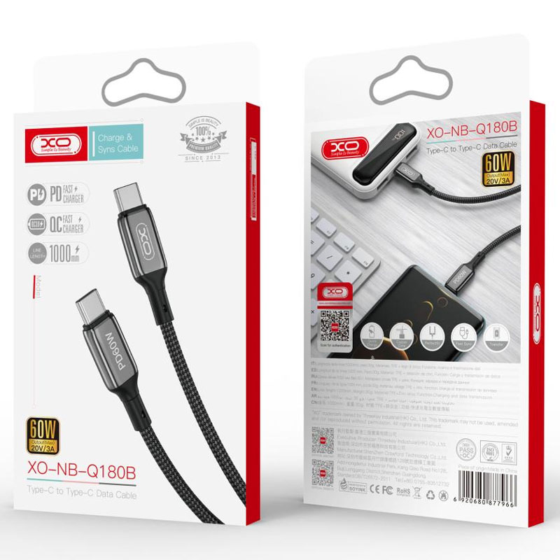 XO (NB-Q180B) – Cablu Date si Incarcare, USB-C, PD60W, QC3.0, Metall Braided, 1m, Black