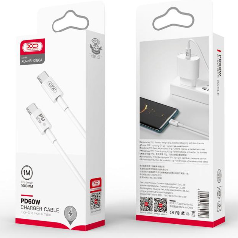 XO (NB-Q190A) – Cablu Date si Incarcare, USB-C, PD60W, QC3.0, 1m, White