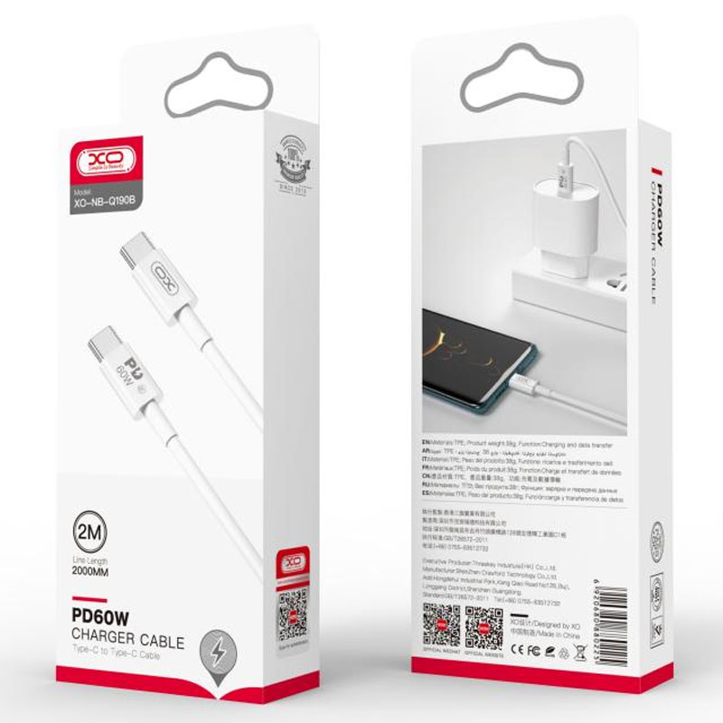 XO (NB-Q190B) – Cablu Date si Incarcare, USB-C, PD60W, QC3.0, 2m, White