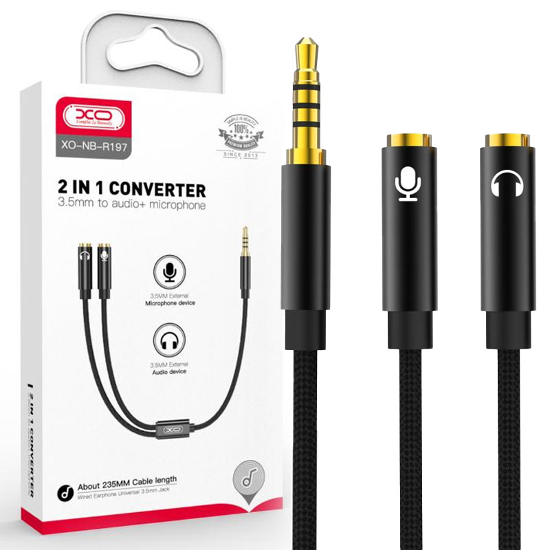 XO (NB-R197) – Cablu, Audio Y Splitter, Jack 3.5mm (M) – la 2x Jack 3.5mm (F) – 24cm, Black
