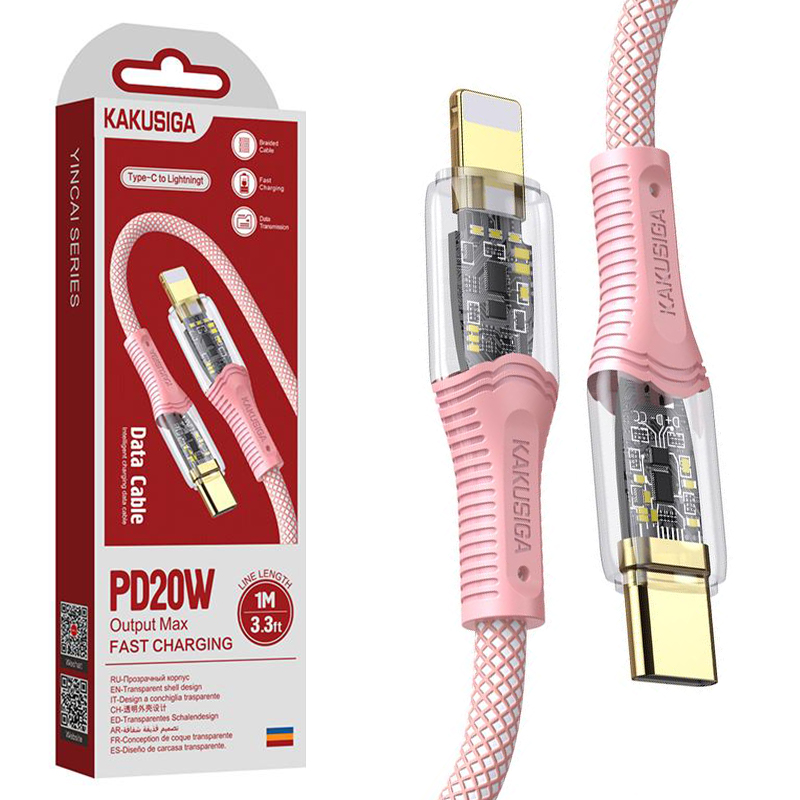 Kaku (KSC-809) – Cablu Date si Incarcare, USB-C la Lightning, PD20W, QC3.0, Braided, LED Power, 1m | PINK