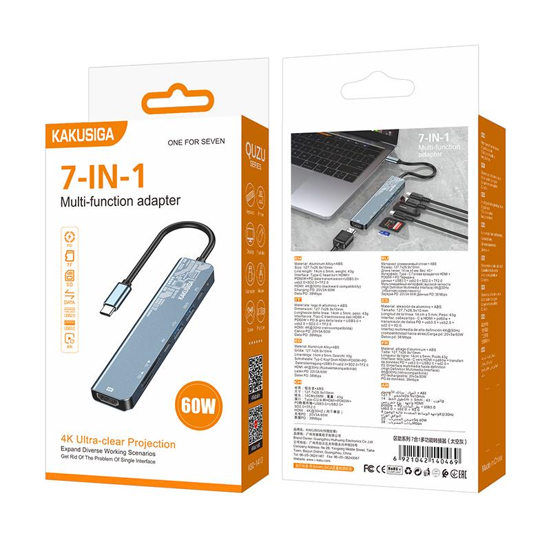 Kaku (KSC-1413) – Hub USB, Date si Incarcare, USB-C la HDMI, SD Reader, 7 in 1, GRAY