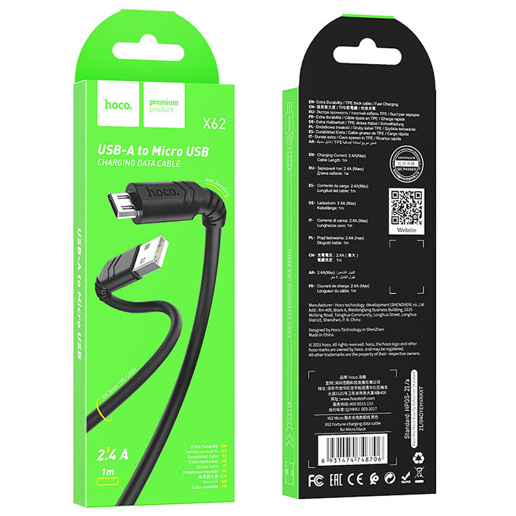 Hoco (X62) – Cablu Date si Incarcare, USB-A la MicroUSB, 18W, 2.4A, 1m, Black