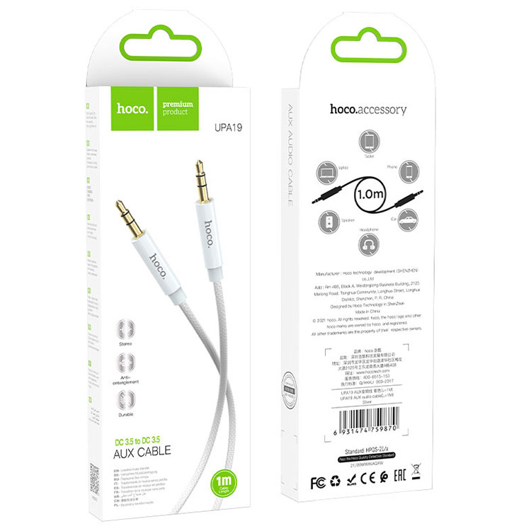 Hoco (UPA19) – Cablu Audio, Jack 3.5mm (M) – la Jack 3.5mm (M) – 1m | Silver