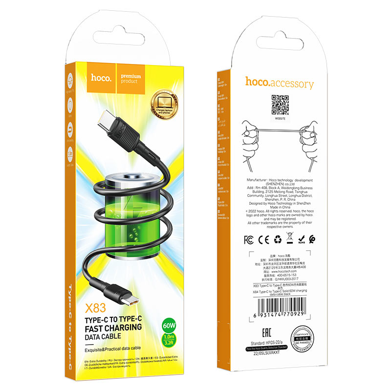 Hoco (X83) – Cablu Date si Incarcare, USB-C, PD60W, QC3.0, 1m, Black