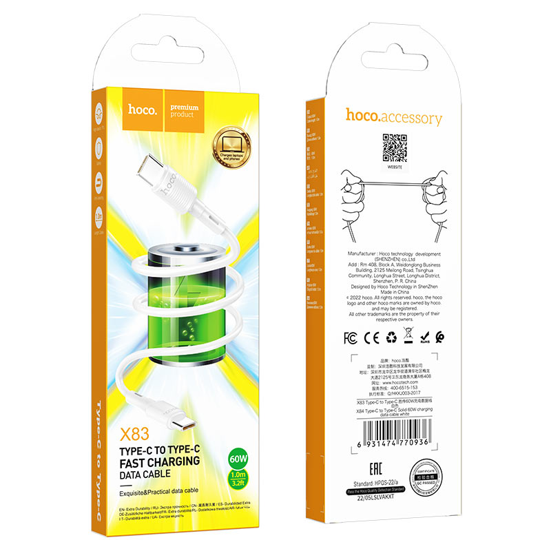 Hoco (X83) – Cablu Date si Incarcare, USB-C, PD60W, QC3.0, 1m, White