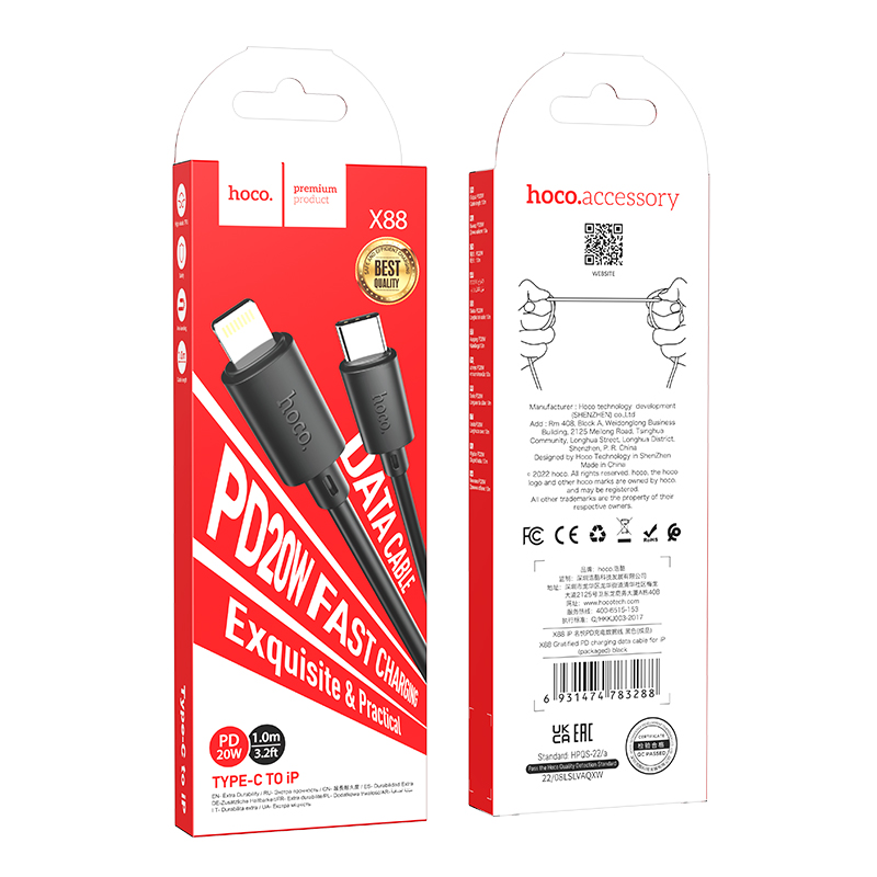 Hoco (X88) – Cablu Date si Incarcare, USB-C la Lightning, PD20W, QC3.0, 1m, Black