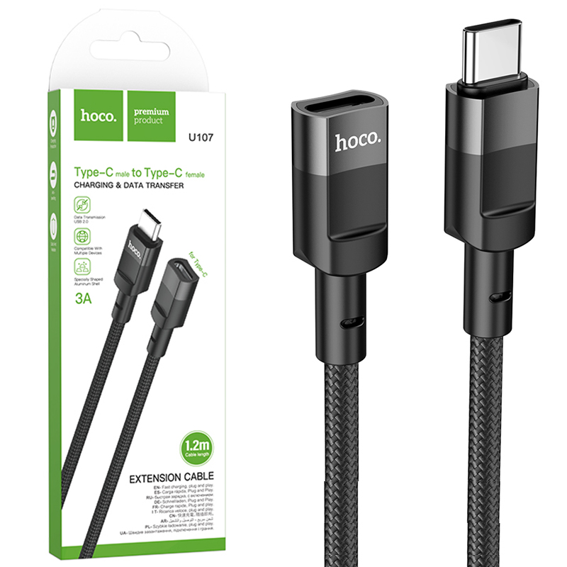 Hoco (U107) » Cablu Date si Incarcare, USB-C (F), 3A, Braided, 1.2m, BLACK
