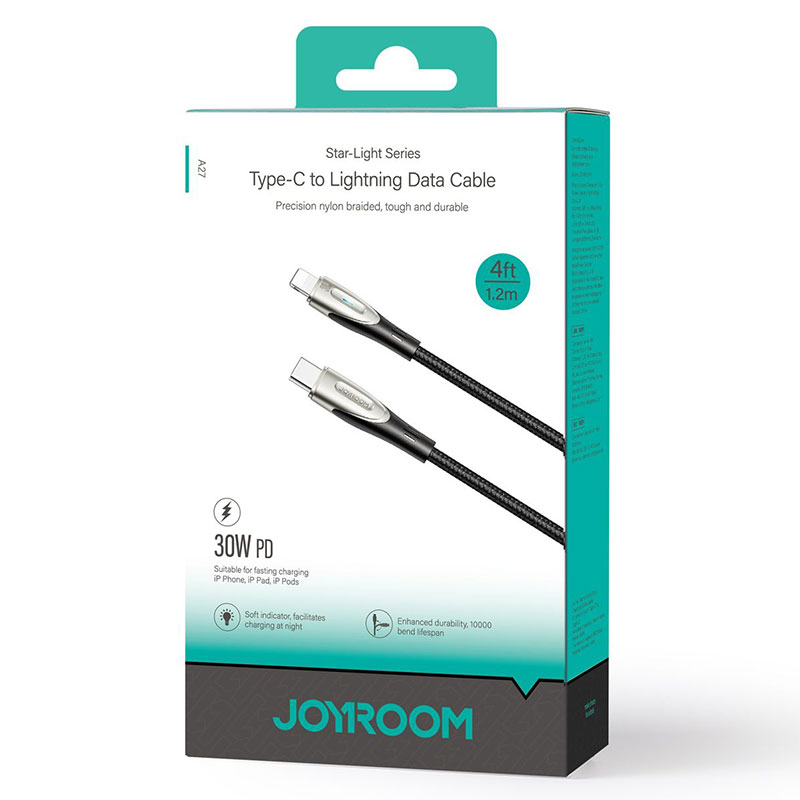 Joyroom (A27-CL3) – Cablu Date si Incarcare, USB-C la Lightning, PD30W, QC3.0, 3A, LED, 1.2m, Black