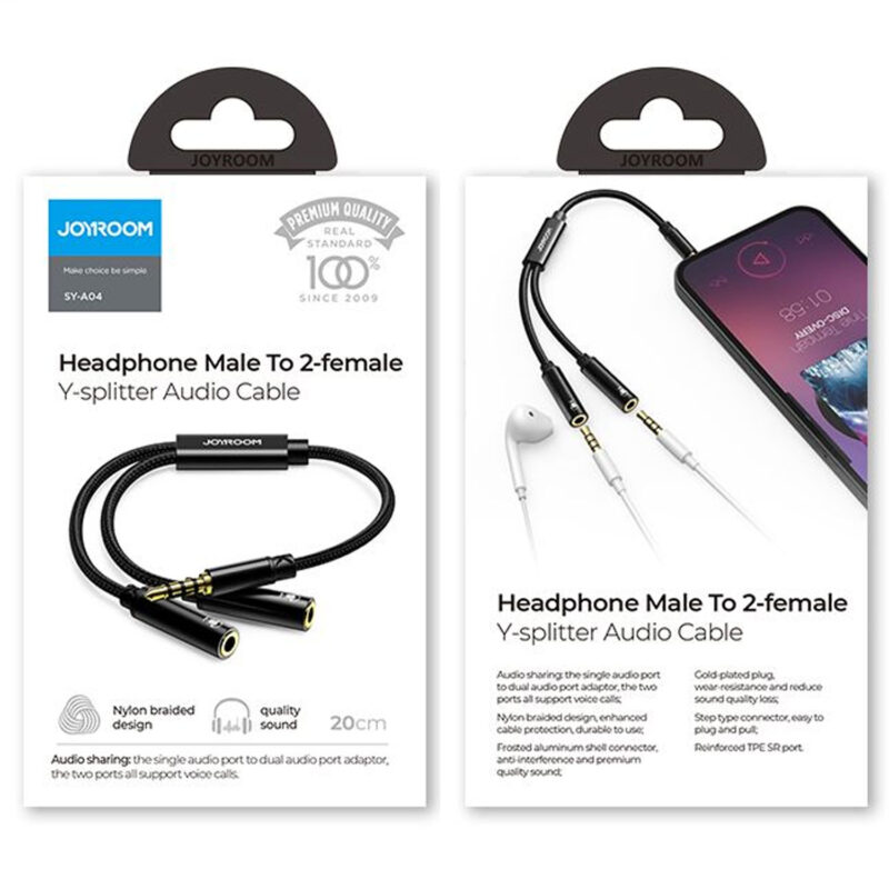 Joyroom (SY-A04) – Cablu, Audio Y Splitter, 2x Jack 3.5mm (F) – la Jack 3.5mm (M) – 20cm, Black