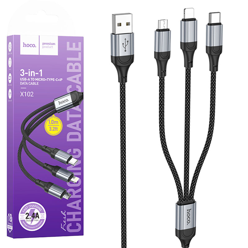 Hoco (X102) – Cablu Date si Incarcare, USB-A la Lightning / MicroUSB / USB-C, 2.4A, 3 in 1, 1m, Black
