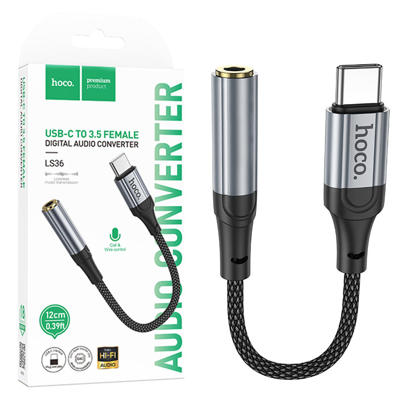Hoco (LS36) – Cablu Audio, USB-C la Jack 3.5mm (F) – MultiFunction, 12cm, Black