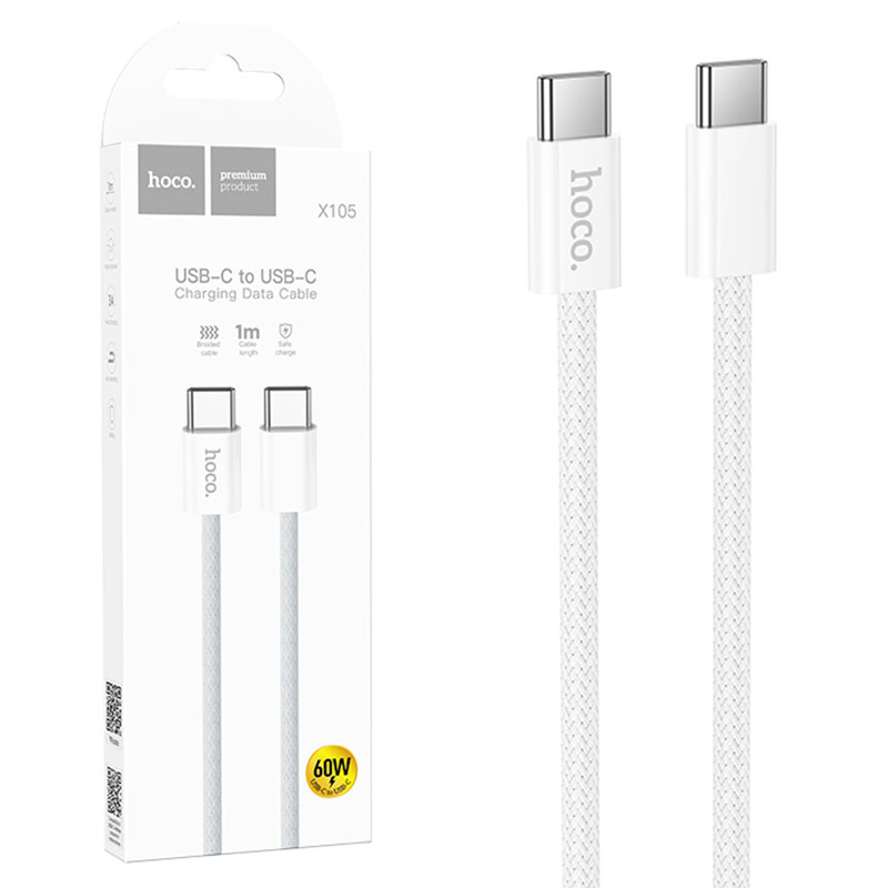 Hoco (X105) – Cablu Date si Incarcare, USB-C, PD60W, QC3.0, 3A, Braided, 1m, White
