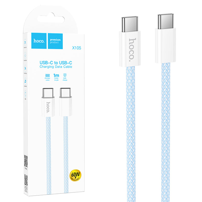 Hoco (X105) – Cablu Date si Incarcare, USB-C, PD60W, QC3.0, 3A, Braided, 1m | Blue