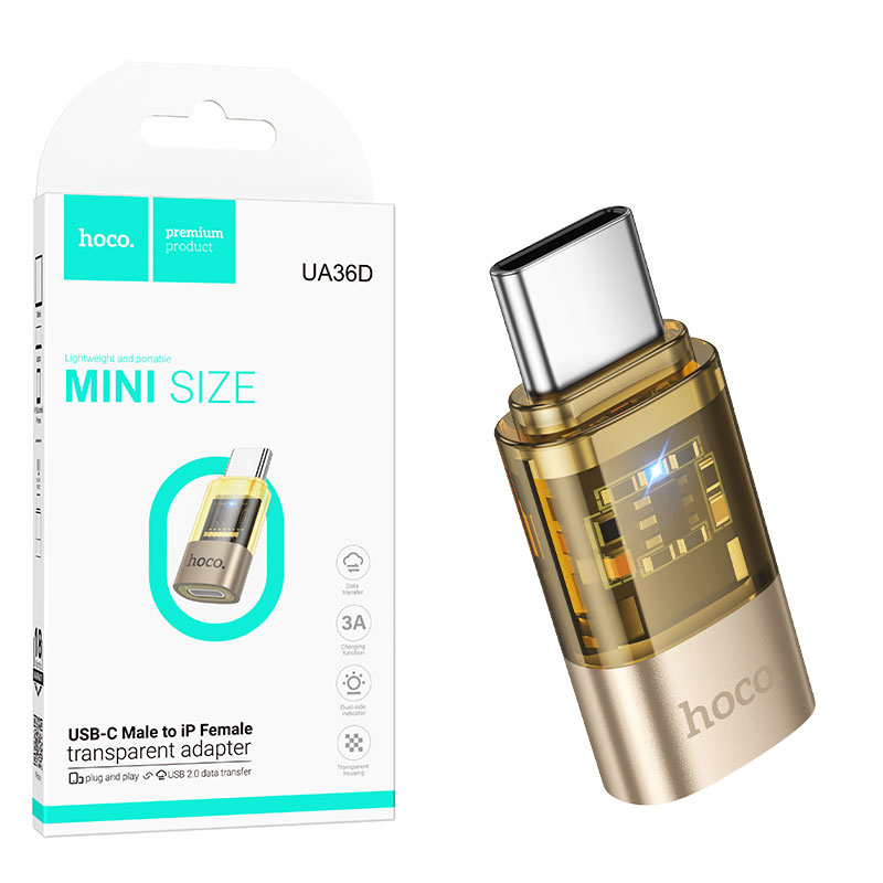 Hoco (UA36D) » Adaptor OTG Transfer/Incarcare, USB-C la Lightning, 3A, GOLD/Clear