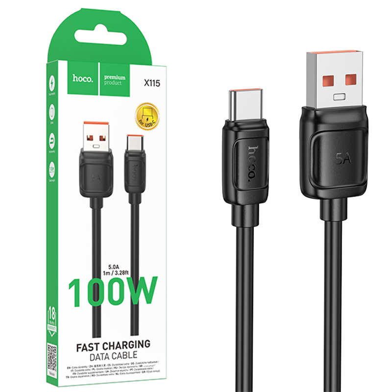 Hoco (X115) » Cablu Date si Incarcare, USB-A la USB-C, PD100W, QC3.0, 1m, BLACK