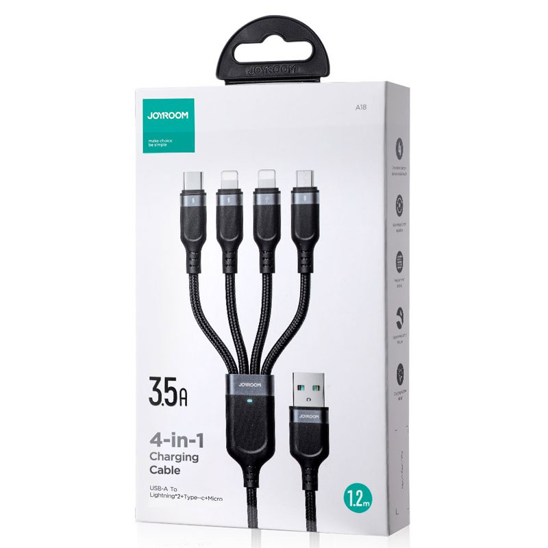 Joyroom (S-A18) » Cablu Date si Incarcare, USB-A la 2x Lightning/microUSB/USB-C, 3.5A, 4in1, 1.2m, BLACK