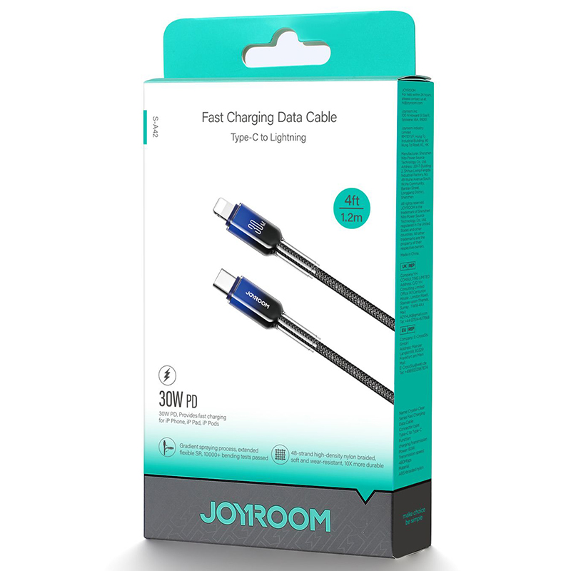Joyroom (A42) » Cablu Date si Incarcare, USB-C la Lightning, PD30W, QC3.0, Fast, Crystal, 1m, BLACK