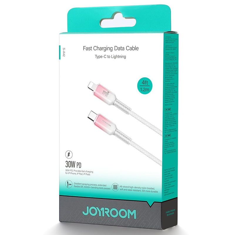 Joyroom (A42) » Cablu Date si Incarcare, USB-C la Lightning, PD30W, QC3.0, Fast, Crystal, 1.2m, WHITE