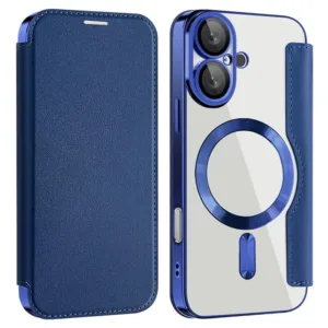 Husa MagFlip » iPhone 16, Magnet, RFID protect, Leather, Chrome Edge, Navy BLUE