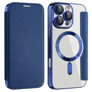 Husa MagFlip » iPhone 16 Pro Max, Magnet, RFID protect, Leather, Chrome Edge, Navy BLUE