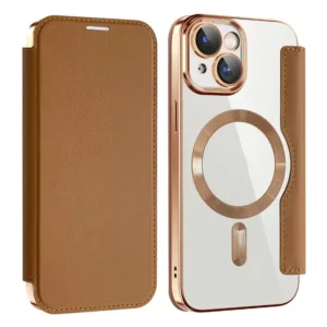 Husa MagFlip » iPhone 15, Magnet, RFID protect, Leather, Chrome Edge, Gold