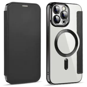 Husa MagFlip » iPhone 15 Pro, Magnet, RFID protect, Leather, Chrome Edge, Black