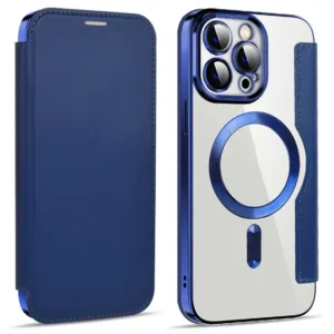 Husa MagFlip » iPhone 15 Pro, Magnet, RFID protect, Leather, Chrome Edge, Navy BLUE