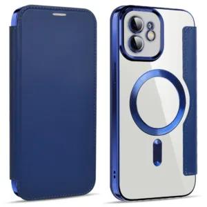 Husa MagFlip » iPhone 12, Magnet, RFID protect, Leather, Chrome Edge, Navy BLUE
