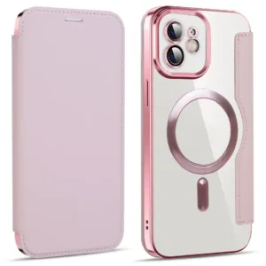 Husa MagFlip » iPhone 12, Magnet, RFID protect, Leather, Chrome Edge, Pink