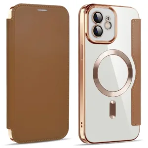 Husa MagFlip » iPhone 12, Magnet, RFID protect, Leather, Chrome Edge, Gold