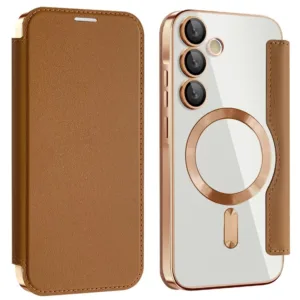 Husa MagFlip » Samsung A55 (A556), Magnet, RFID protect, Leather, Chrome Edge, Gold