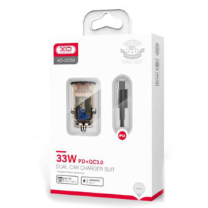 XO (CC50) - Incarcator Auto + Cablu USB-C, 33W, 1xUSB-C, 1xUSB-A, PD, QC 3.0, Clear Design, BROWN