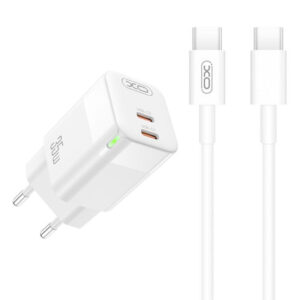 XO (CE07) - Incarcator Retea + Cablu USB-C, 1m, GaN, PD35W, 2xUSB-C, White