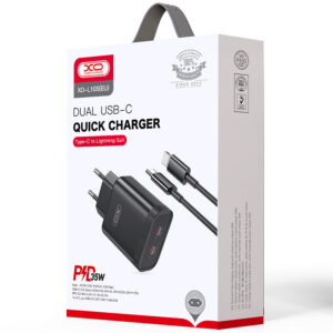 XO (L105) - Incarcator Retea + Cablu Lightning, 35W, 2xUSB-C, PD, Black