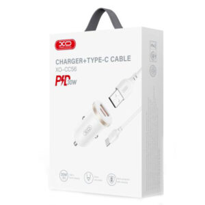 XO (CC56) - Incarcator Auto + Cablu USB-C, 30W, 1xUSB-C, 1xUSB-A, PD, QC 3.0, Compact, White