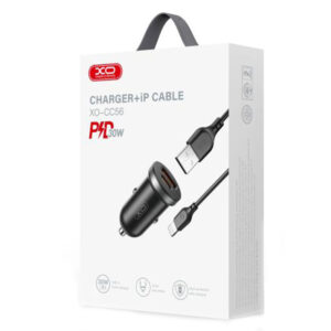 XO (CC56) - Incarcator Auto + Cablu Lightning, 30W, 1xUSB-C, 1xUSB-A, PD, QC 3.0, Compact, Black