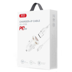 XO (CC56) - Incarcator Auto + Cablu Lightning, 30W, 1xUSB-C, 1xUSB-A, PD, QC 3.0, Compact, White