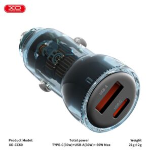 XO (CC60) - Incarcator Auto, PD60W, 1xUSB-C, 1xUSB-A | Blue
