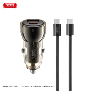 XO (CC60) - Incarcator Auto + Cablu USB-C, 1m, PD60W, 1xUSB-C, 1xUSB-A, Black