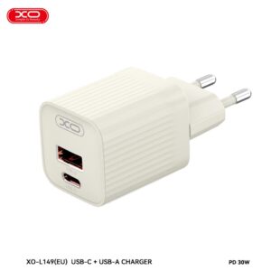 XO (L149) - Incarcator Retea, 18W, 5V, 3A, 1xUSB-C, 1xUSB-A, BEIGE