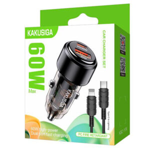 Kaku (KSC-1176) Incarcator Auto + Cablu Lightning, 60W, 1xUSB-C, 1xUSB-A, PD, QC 3.0, SuperFast, Black