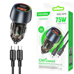 Kakusiga (KSC-1979) » Incarcator Auto + Cablu USB-C, 1m, (PD75W+QC3.0) 5V, 1xUSB, 1xUSB, Fast, Ambient Light, BLACK