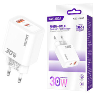 Kakusiga (KSC-1657) » Incarcator Retea, (PD30W+QC3.0) 5V, 1xUSB, 1xUSB, Fast, WHITE